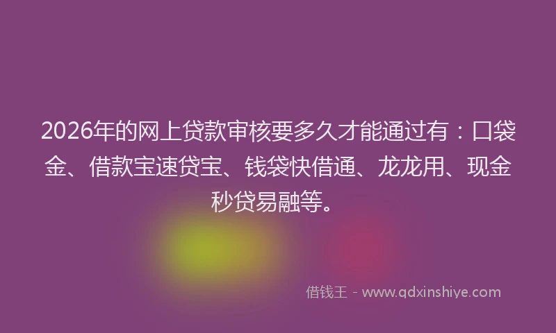 2026年的网上贷款审核要多久才能通过有：口袋金、借款宝速贷宝、钱袋快借通、龙龙用、现金秒贷易融等。