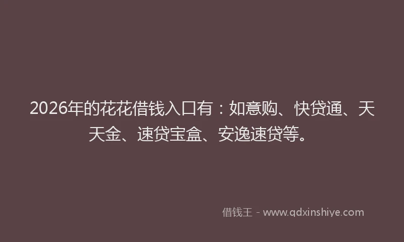 2026年的花花借钱入口有:如意购、快贷通、天天金、速贷宝盒、安逸速贷等。