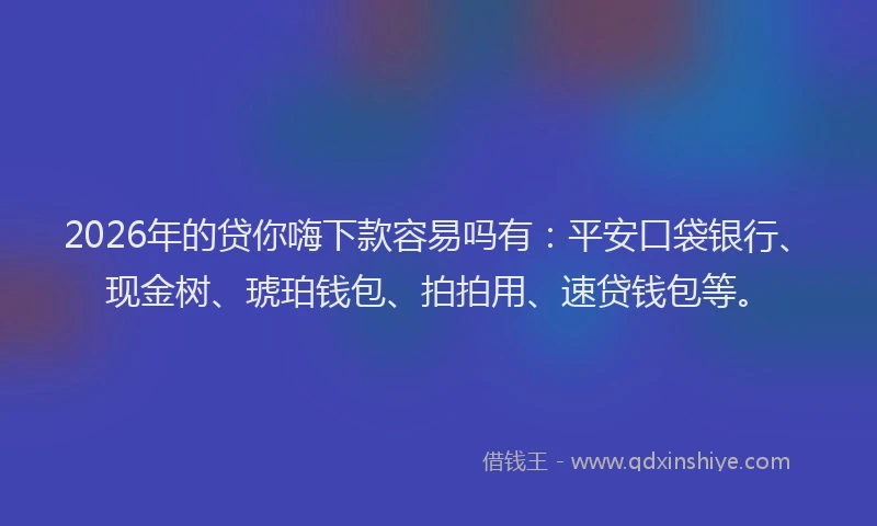 2026年的贷你嗨下款容易吗有：平安口袋银行、现金树、琥珀钱包、拍拍用、速贷钱包等。