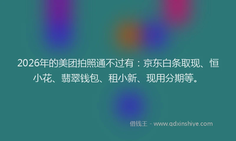2026年的美团拍照通不过有：京东白条取现、恒小花、翡翠钱包、租小新、现用分期等。