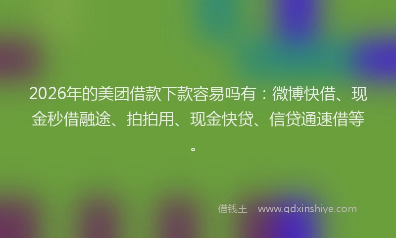 2026年的美团借款下款容易吗有：微博快借、现金秒借融途、拍拍用、现金快贷、信贷通速借等。