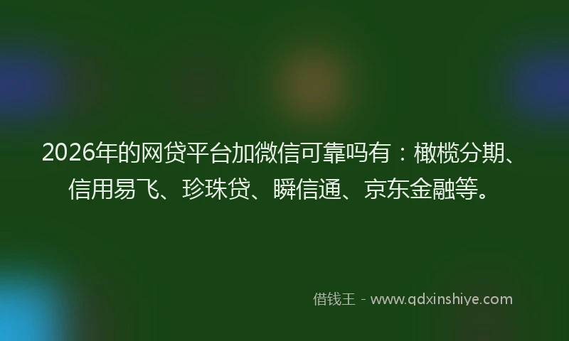 2026年的网贷平台加微信可靠吗有：橄榄分期、信用易飞、珍珠贷、瞬信通、京东金融等。