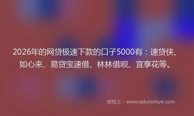 2026年的网贷极速下款的口子5000有：速贷侠、如心来、易贷宝速借、林林借呗、宜享花等。