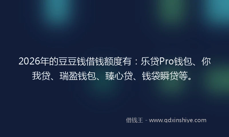 2026年的豆豆钱借钱额度有：乐贷Pro钱包、你我贷、瑞盈钱包、臻心贷、钱袋瞬贷等。