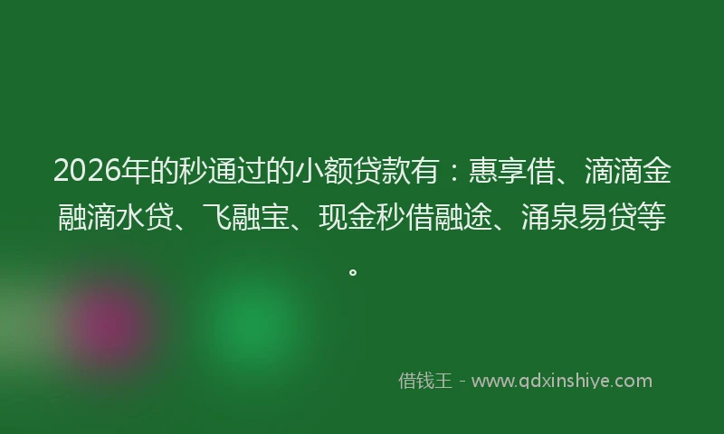2026年的秒通过的小额贷款有：惠享借、滴滴金融滴水贷、飞融宝、现金秒借融途、涌泉易贷等。
