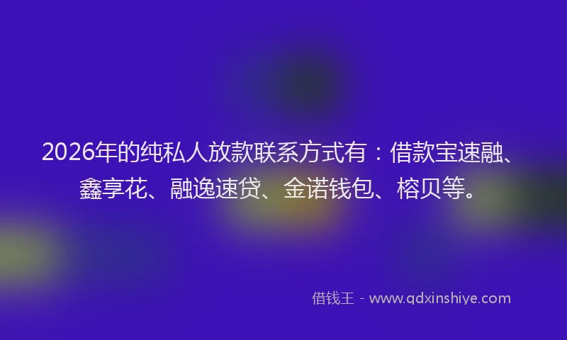2026年的纯私人放款联系方式有:借款宝速融、鑫享花、融逸速贷、金诺钱包、榕贝等。