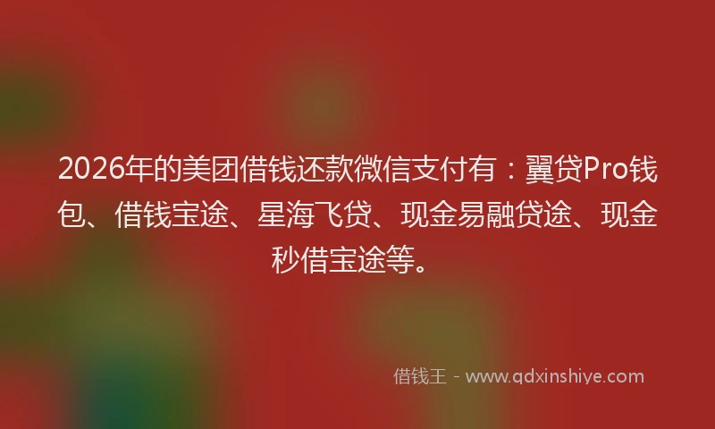 2026年的美团借钱还款微信支付有：翼贷Pro钱包、借钱宝途、星海飞贷、现金易融贷途、现金秒借宝途等。