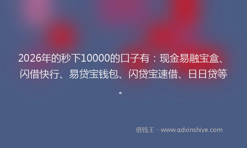 2026年的秒下10000的口子有：现金易融宝盒、闪借快行、易贷宝钱包、闪贷宝速借、日日贷等。