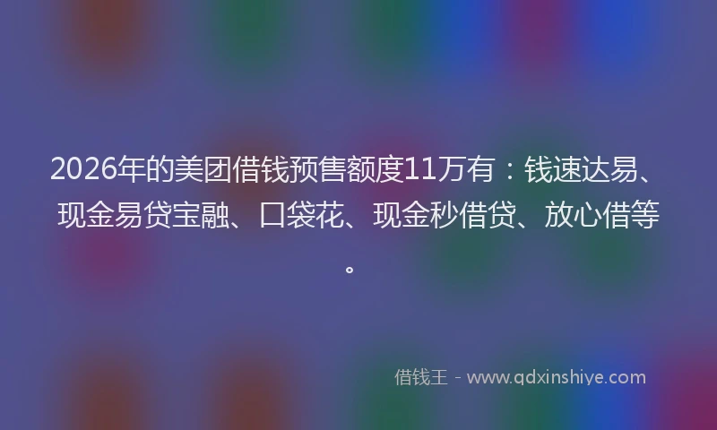 2026年的美团借钱预售额度11万有：钱速达易、现金易贷宝融、口袋花、现金秒借贷、放心借等。