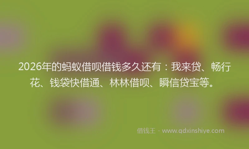 2026年的蚂蚁借呗借钱多久还有：我来贷、畅行花、钱袋快借通、林林借呗、瞬信贷宝等。