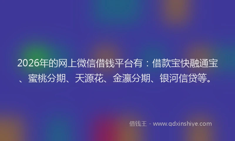2026年的网上微信借钱平台有：借款宝快融通宝、蜜桃分期、天源花、金瀛分期、银河信贷等。