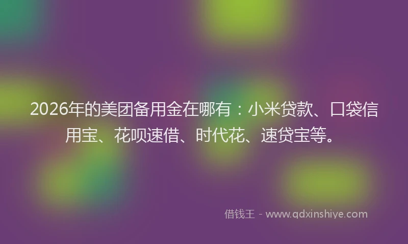 2026年的美团备用金在哪有：小米贷款、口袋信用宝、花呗速借、时代花、速贷宝等。