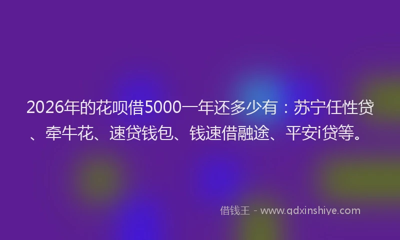 2026年的花呗借5000一年还多少有：苏宁任性贷、牵牛花、速贷钱包、钱速借融途、平安i贷等。