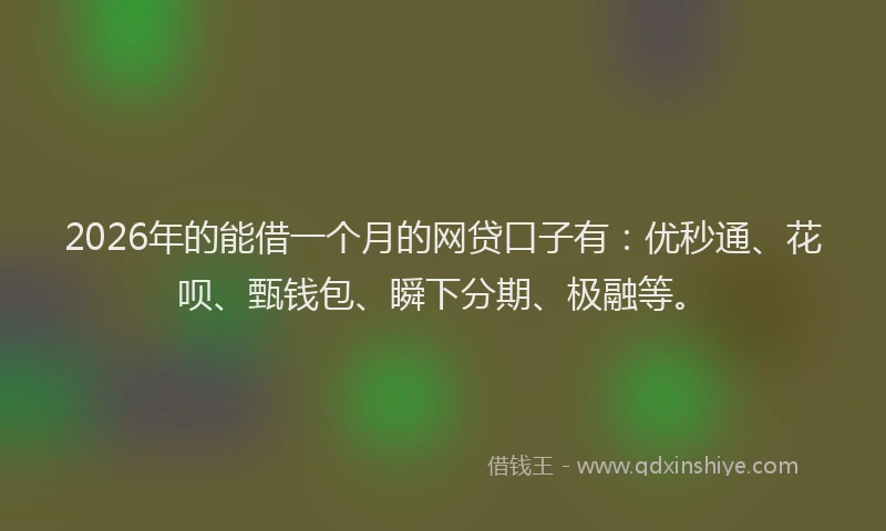 2026年的能借一个月的网贷口子有：优秒通、花呗、甄钱包、瞬下分期、极融等。