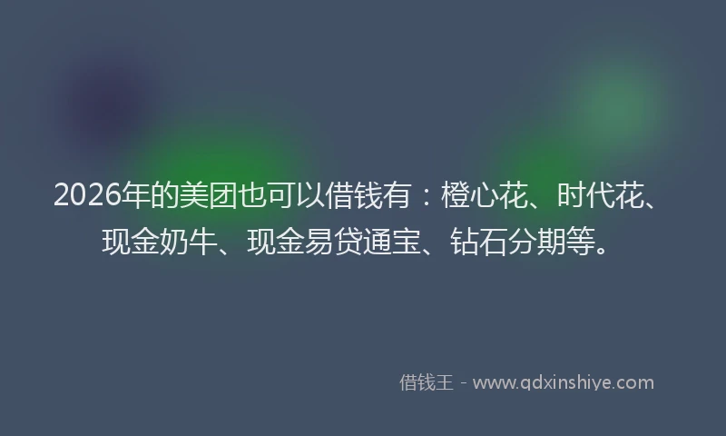2026年的美团也可以借钱有:橙心花、时代花、现金奶牛、现金易贷通宝、钻石分期等。