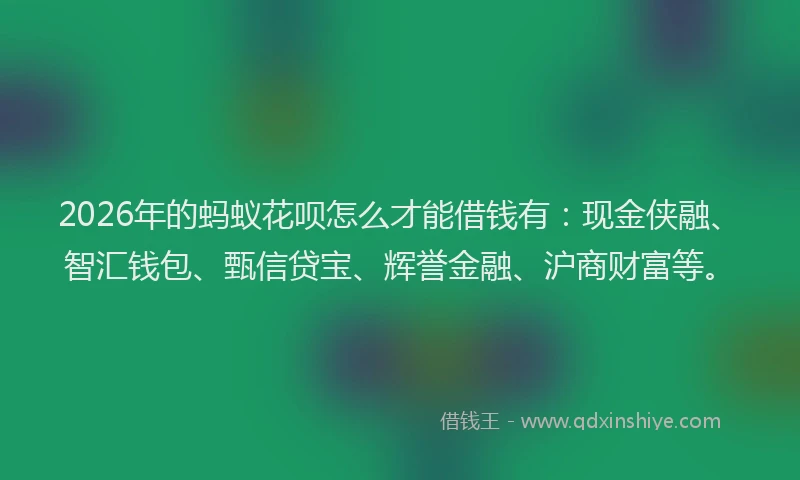 2026年的蚂蚁花呗怎么才能借钱有:现金侠融、智汇钱包、甄信贷宝、辉誉金融、沪商财富等。