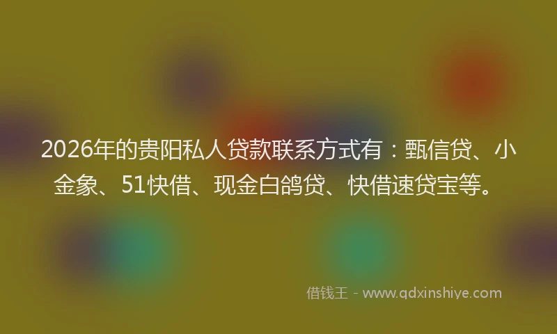 2026年的贵阳私人贷款联系方式有：甄信贷、小金象、51快借、现金白鸽贷、快借速贷宝等。