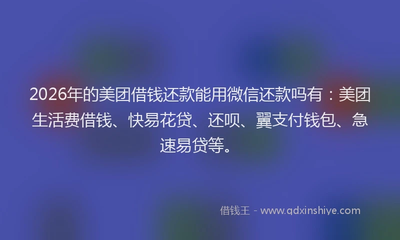 2026年的美团借钱还款能用微信还款吗有:美团生活费借钱、快易花贷、还呗、翼支付钱包、急速易贷等。