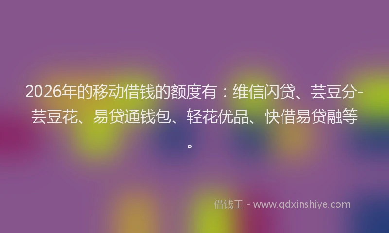 2026年的移动借钱的额度有：维信闪贷、芸豆分-芸豆花、易贷通钱包、轻花优品、快借易贷融等。