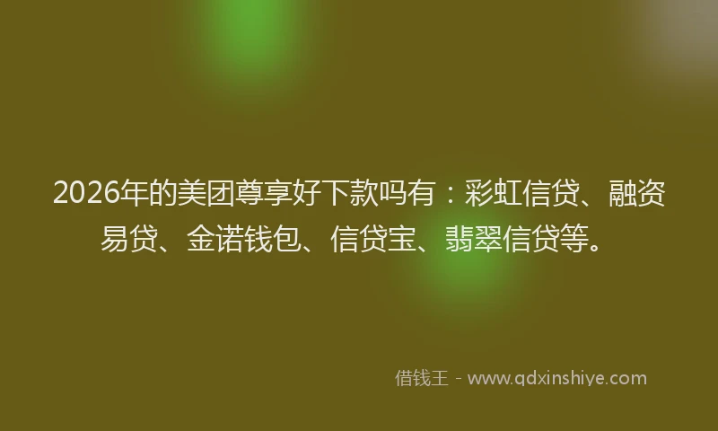 2026年的美团尊享好下款吗有:彩虹信贷、融资易贷、金诺钱包、信贷宝、翡翠信贷等。