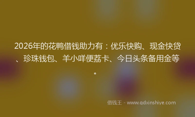 2026年的花鸭借钱助力有：优乐快购、现金快贷、珍珠钱包、羊小咩便荔卡、今日头条备用金等。
