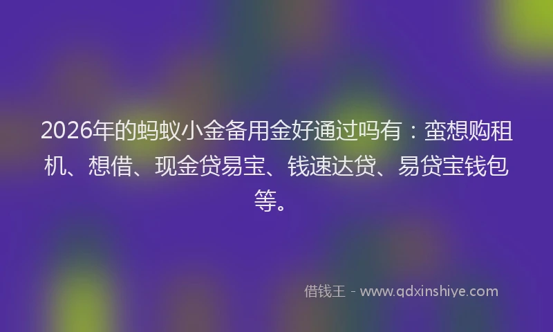 2026年的蚂蚁小金备用金好通过吗有：蛮想购租机、想借、现金贷易宝、钱速达贷、易贷宝钱包等。