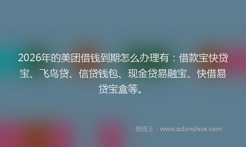 2026年的美团借钱到期怎么办理有：借款宝快贷宝、飞鸟贷、信贷钱包、现金贷易融宝、快借易贷宝盒等。
