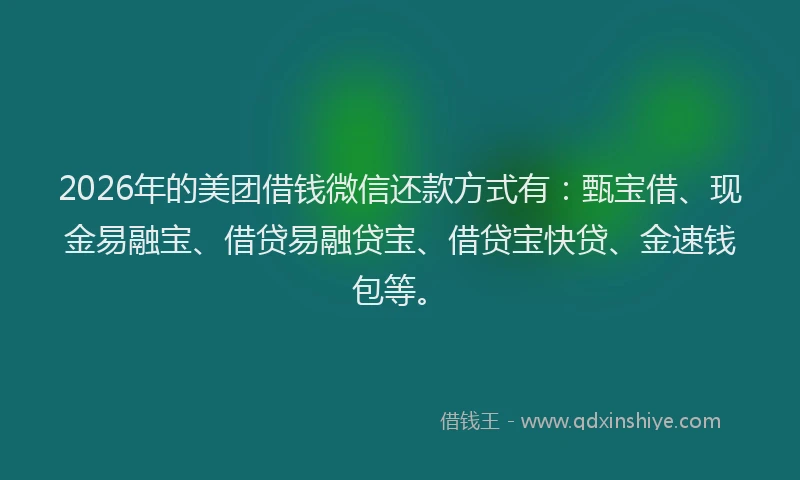 2026年的美团借钱微信还款方式有：甄宝借、现金易融宝、借贷易融贷宝、借贷宝快贷、金速钱包等。