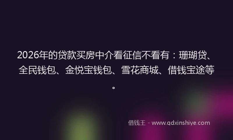 2026年的贷款买房中介看征信不看有:珊瑚贷、全民钱包、金悦宝钱包、雪花商城、借钱宝途等。