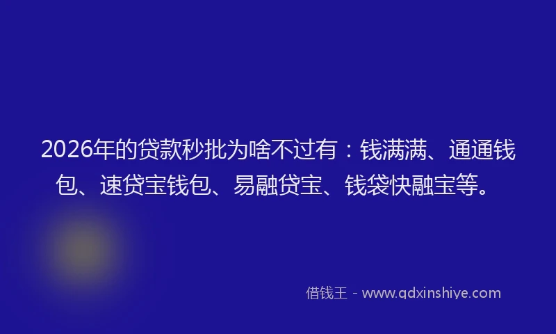 2026年的贷款秒批为啥不过有：钱满满、通通钱包、速贷宝钱包、易融贷宝、钱袋快融宝等。
