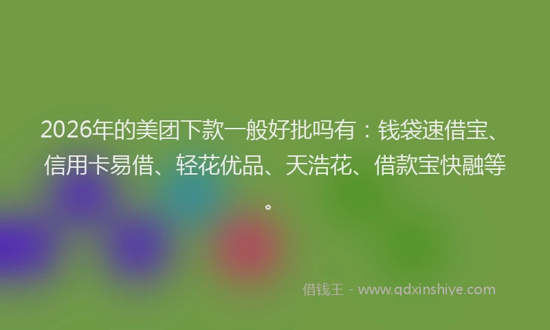 2026年的美团下款一般好批吗有：钱袋速借宝、信用卡易借、轻花优品、天浩花、借款宝快融等。
