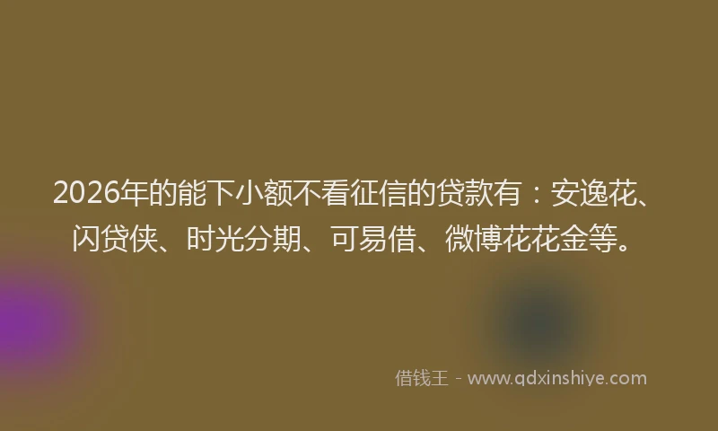 2026年的能下小额不看征信的贷款有:安逸花、闪贷侠、时光分期、可易借、微博花花金等。