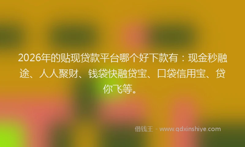 2026年的贴现贷款平台哪个好下款有:现金秒融途、人人聚财、钱袋快融贷宝、口袋信用宝、贷你飞等。