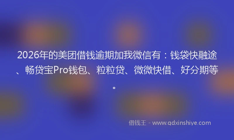 2026年的美团借钱逾期加我微信有:钱袋快融途、畅贷宝Pro钱包、粒粒贷、微微快借、好分期等。