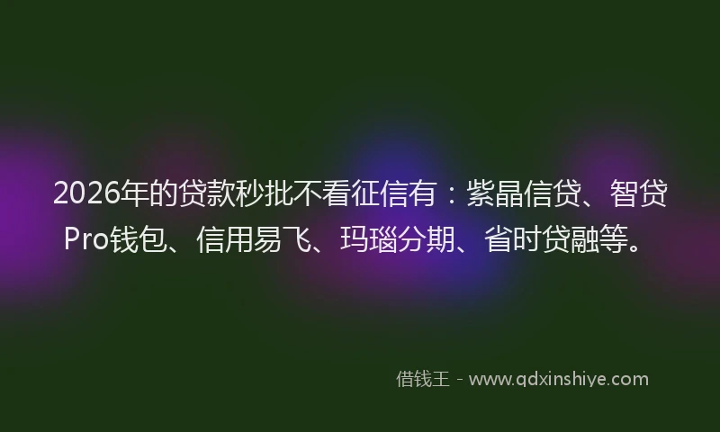 2026年的贷款秒批不看征信有：紫晶信贷、智贷Pro钱包、信用易飞、玛瑙分期、省时贷融等。