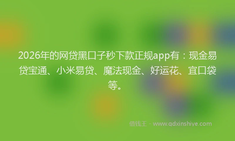 2026年的网贷黑口子秒下款正规app有：现金易贷宝通、小米易贷、魔法现金、好运花、宜口袋等。