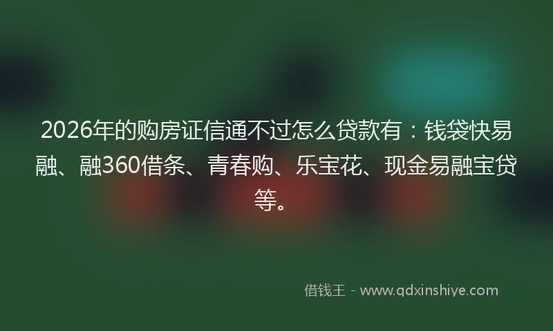 2026年的购房证信通不过怎么贷款有:钱袋快易融、融360借条、青春购、乐宝花、现金易融宝贷等。