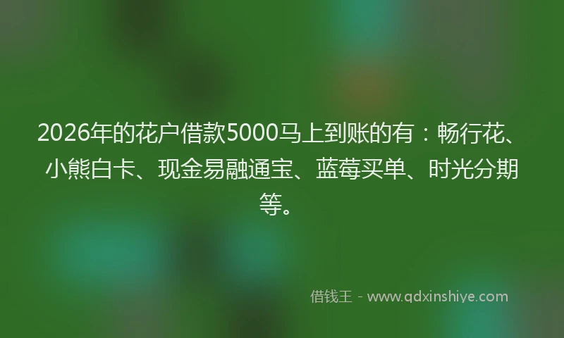 2026年的花户借款5000马上到账的有：畅行花、小熊白卡、现金易融通宝、蓝莓买单、时光分期等。