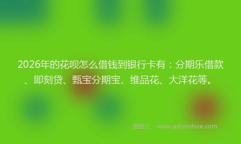 2026年的花呗怎么借钱到银行卡有：分期乐借款、即刻贷、甄宝分期宝、维品花、大洋花等。