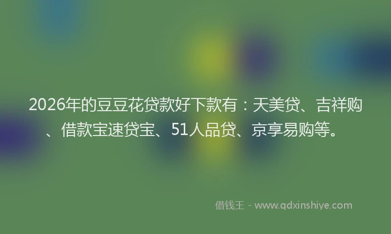 2026年的豆豆花贷款好下款有:天美贷、吉祥购、借款宝速贷宝、51人品贷、京享易购等。