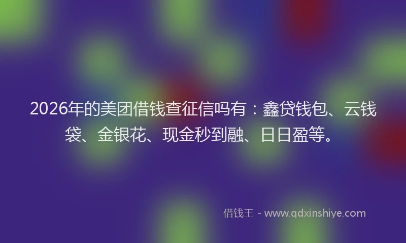 2026年的美团借钱查征信吗有:鑫贷钱包、云钱袋、金银花、现金秒到融、日日盈等。