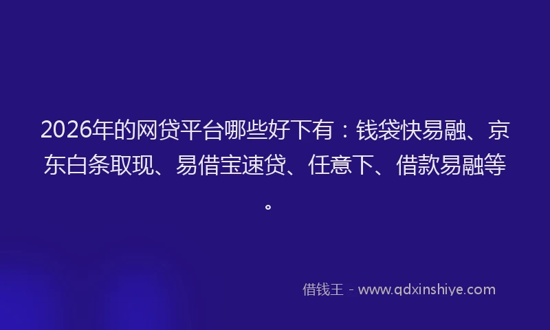 2026年的网贷平台哪些好下有：钱袋快易融、京东白条取现、易借宝速贷、任意下、借款易融等。