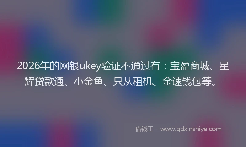 2026年的网银ukey验证不通过有：宝盈商城、星辉贷款通、小金鱼、只从租机、金速钱包等。