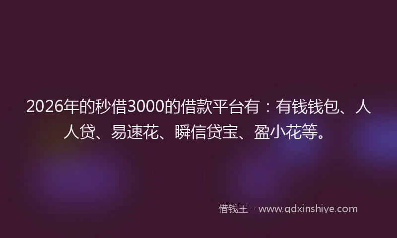 2026年的秒借3000的借款平台有：有钱钱包、人人贷、易速花、瞬信贷宝、盈小花等。