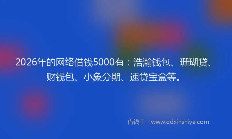 2026年的网络借钱5000有：浩瀚钱包、珊瑚贷、财钱包、小象分期、速贷宝盒等。