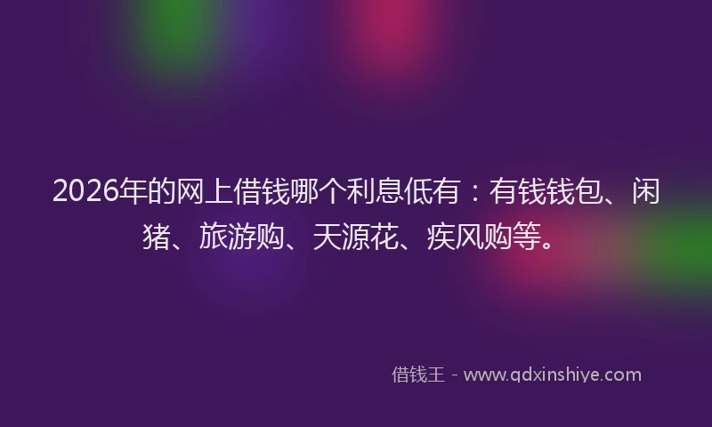 2026年的网上借钱哪个利息低有：有钱钱包、闲猪、旅游购、天源花、疾风购等。