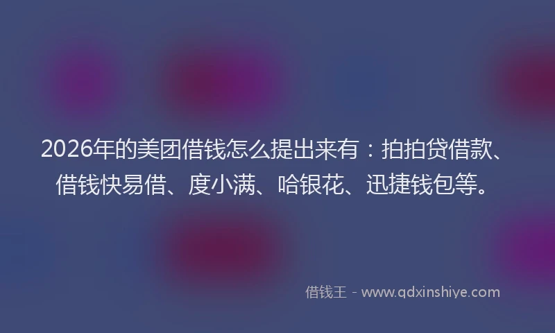 2026年的美团借钱怎么提出来有：拍拍贷借款、借钱快易借、度小满、哈银花、迅捷钱包等。