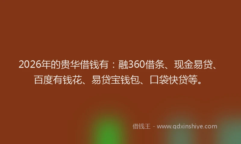 2026年的贵华借钱有:融360借条、现金易贷、百度有钱花、易贷宝钱包、口袋快贷等。