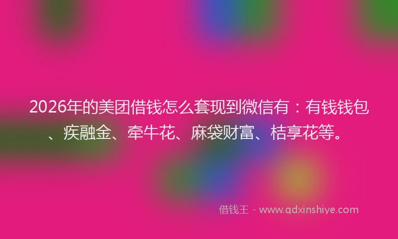 2026年的美团借钱怎么套现到微信有:有钱钱包、疾融金、牵牛花、麻袋财富、桔享花等。