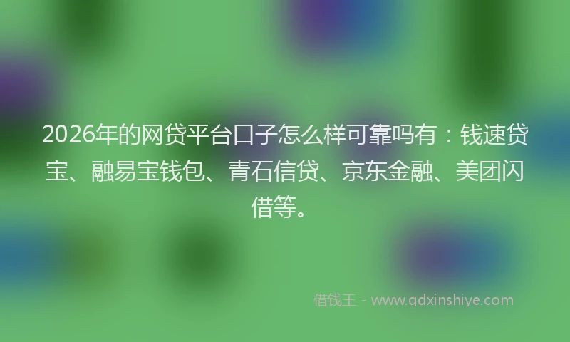 2026年的网贷平台口子怎么样可靠吗有：钱速贷宝、融易宝钱包、青石信贷、京东金融、美团闪借等。